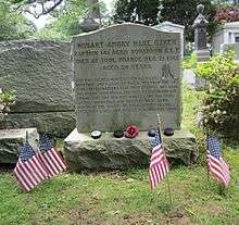Large gravestone. On the mantle of the grave is four hockey pucks and a rose between them. Four small American flags are in the ground in front of the grave as well