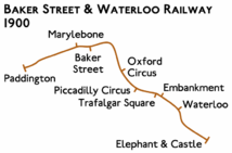 Route diagram showing line running from Paddington at left to Elephant & Castle at bottom right