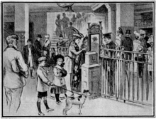Sketch of a group of people at an underground railway station. A young woman in fashionable clothes is putting a ticket in a box as she prepares to go through a gate. A uniformed inspector looks on while two children with a dog wait for their turn with tickets in hand. Other people are visible in the background.