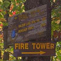 Two brown signs on a tree in closeup. The upper one is older and faded with a blue plastic marker in one corner. It gives mileages in gold letters to "Balsam Lake Mountain P.A." and Mongaup Pond, with an arrow at the top pointing to the left. The lower one is newer, with an arrow pointing to the right and the large words "FIRE TOWER".