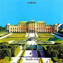 An image of the cover art for the Barely Real EP, featuring a image of Belvedere Palace and it's surrounding garden area. At the top of the image in black text in lowercase is text saying "codeine" in lower case. There is text in the same type-face at the bottom of the image in lower case saying "barely real".