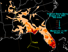 Map of rainfall totals from tropical storm. Map is mainly focused on the Southeast United States.