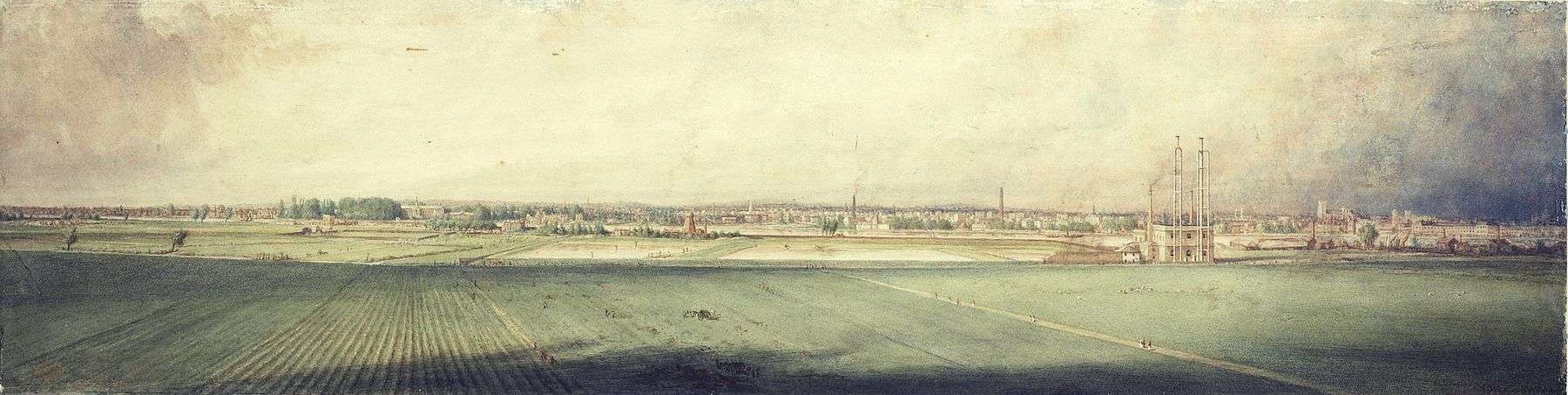 Watercolour painting of a view of Battersea Fields and Chelsea from Lavender Hill in 1848