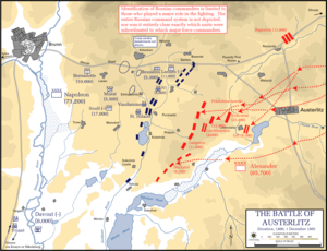 Map showing French troops concentrated to the west of the battlefield and the Allies to the east.