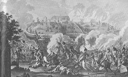 Engraving by Johann Lorenz Rugendas shows French infantry storming the abbey in the background while dragoons chase fleeing Austrians in the foreground.