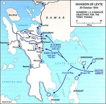  A map of an island with an attacking 6th Army force landing on its eastern edge via Leyte Gulf