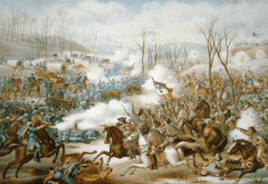 19th century lithograph picturing the Battle of Pea Ridge