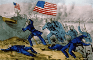 A hand-colored sketch of soldiers charging an earthen fort. A soldier in the foreground is falling backwards, apparently wounded. The lead soldier carries the United States Flag. A brass cannon in the earthworks is pointed directly at the charging men. More soldiers are visible in the background.