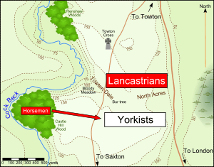 The two forces face each other across a dale. A small patch of woods stand to their west. A river flows around the battlefield from the west to the north.