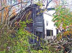 A section of house in a wooded area. Its roof has mostly collapsed and an interior wall is visible.