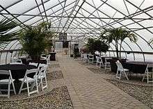 The inside of a greenhouse with tropical plants, tables with black tablecloths, and white folding chairs.