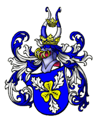 Azure, a trefoil Or with three oak leaves argent
