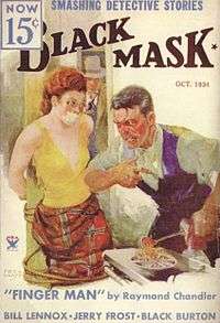 Magazine cover with illustration of a terrified-looking, red-haired young woman gagged and bound to a post. She is wearing a low-cut, arm-bearing yellow top and a red skirt. In front of her, a man with a large scar on his cheek and a furious expression heats a branding iron over a gas stove. In the background, a man wearing a trenchcoat and fedora and holding a revolver enters through a doorway. The text includes the tagline "Smashing Detective Stories" and the cover story's title, "Finger Man".