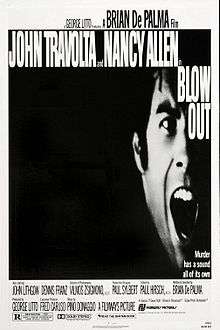 The poster has a squeezed, black-and-white image of John Travolta screaming, with the tagline below reading "Murder has a sound all of its own".