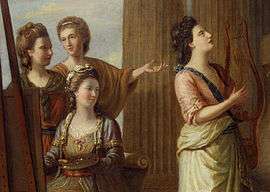 Detail from a painting, showing four women dressed in classical-inspired costumes in front of a pillar.