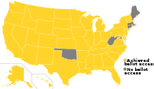 A map of the United States with all states colored yellow except Oklahoma, West Virginia, Connecticut, Massachusetts, Maine and Washington D.C.