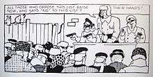 A comics panel.  An armed group on a platform to the upper right point their pistols at a larger group that fills the lower portion of the panel.  A male in the centre of the armed group says in a speech balloon: "All those who oppose this list raise their hands!  Now, who says 'No' to this list?"  A boy and a dog can be seen peering over a fence in the background to the far left.  A question mark hovers over the boy's head.