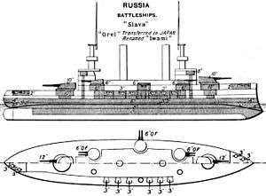 A black and white drawing of a large ship, from the top and from the side.