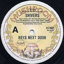 A close-up image of the label of a 7-inch gramophone record. Block black text reads "A, Shivers, Boys Next Door".