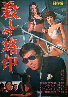 A man with prominent cheeks in sunglasses and a suit aims a gun. Two women stand on a spiral staircase behind him in their underwear also holding guns. Three men appear in an insert in the lower left corner.
