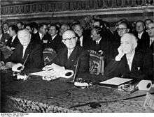 Walter Hallstein sitting between Konrad Adenauer and Antonio Segni