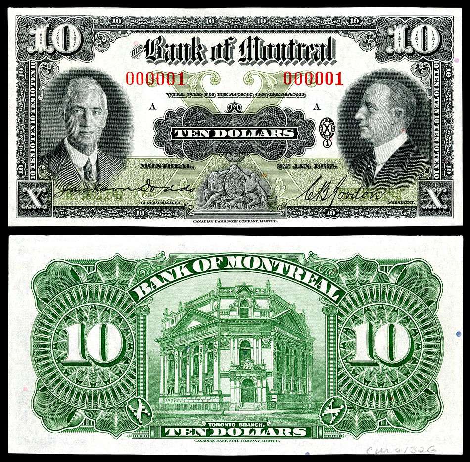Charles Blair Gordon depicted on the first 1935 Bank of Montreal, 10 dollar note printed.