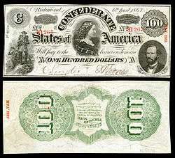 George W. Randolph depicted on a 1863 Confederate $100 banknote (with Lucy Pickens).