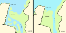 Representation of two admiralty charts, 1825 and 2010, showing movement of the river channel