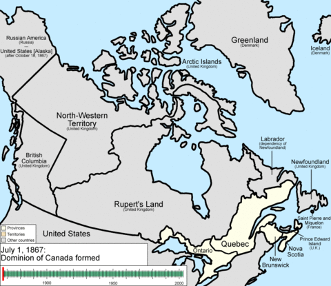 When Canada was formed in 1867 its provinces were a relatively narrow strip in the southeast, with vast territories in the interior. It grew by adding British Columbia in 1871, P. E. I. in 1873, the British Arctic Islands in 1880, and Newfoundland in 1949; meanwhile, its provinces grew both in size and number at the expense of its territories.