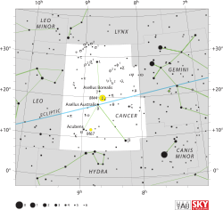 Diagram showing star positions and boundaries of the constellation of Cancer and its surroundings
