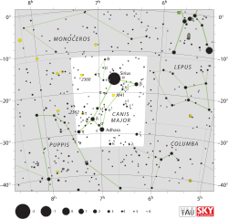 Diagram showing star positions and boundaries of the constellation of Canis Major and its surroundings
