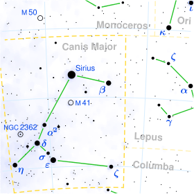 Diagram showing star positions and boundaries of the Canis Major constellation and its surroundings