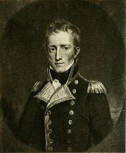Half-length oval portrait engraving of a man in a gold buttoned coat and epaulettes, with tousled hair and sideburns.