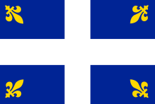 A rectangular flag with a blue background divided into quadrants by thick white lines. Each quadrant has a small gold fleur-de-lis near the outer corner with the top pointed in toward the center.