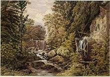 Painting of a forest, stream, and mill
