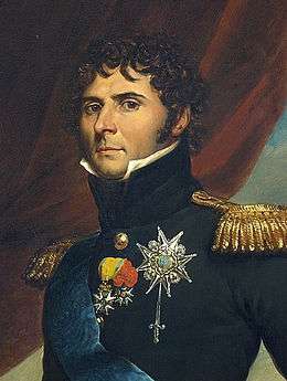 Painting of curly-haired man in high-collared military uniform