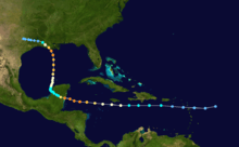 The track of Hurricane Carmen shown on a map of the southwestern Atlantic