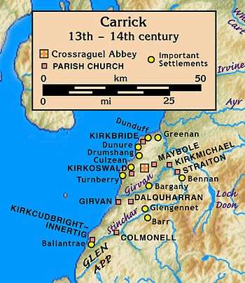 Map of Carrick, 13th–14th century, on the east shore of a large body of water. Its centre was Crossraguel Abbey about 5 km inland. Nine parish churches and eleven important settlements ranged from Ballantrae in the south at the mouth of the Stinchar, then 40 km north to Greenan at the mouth of the Doon, and east to Bennan about 20 km up the Girvan.