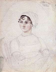 Pencil sketch of a woman wearing early 19th-century clothing and a cap with a few curls emerging seated in a chair.