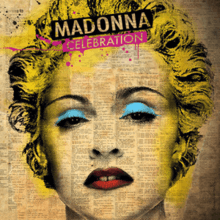 Madonna's face with her hair in curls. Her lips are painted bright red and she has cyan eye shadows. The photo is washed in yellow color and appears to be embossed on a written page.