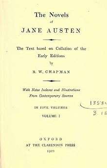 Title page reads "The Novels of Jane Austen, The Text based on Collation of the Early Editions by R. W. Chapman, With Notes Indexes and Illustrations from Contemporary Sources, In Five Volumes, Volume I, Oxford, At the Clarendon Press, 1923
