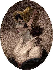 Half-length profile portrait of woman wearing a bonnet