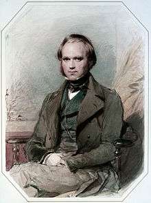 Three-quarter-length portrait of Charles Darwin aged about 30, with straight brown hair receding from his high forehead and long side-whiskers, smiling quietly, in wide lapelled jacket, waistcoat and high collar with cravat