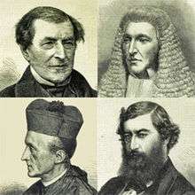 Four men, the second of whom wears a wig resembling that of a judge, and the fourth of whom wears clerical clothes