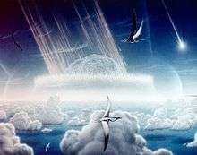 drawing of asteroid striking water with pterosaurs