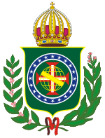 Coat of arms consisting of a shield with a green field with a golden armillary sphere superimposed on the red and white Cross of the Order of Christ, surrounded by a blue band with 20 silver stars; the bearers are two arms of a wreath, with a coffee branch on the left and a flowering tobacco branch on the right; and above the shield is an arched golden and jeweled crown.