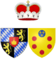 A quartered shield. Upper left and lower right are a blue and grey diamond crosshatch. Upper right and lower left are a crowned yellow lion rampant on a black field. Over all, in the centre, is a small red shield bearing a gold cross atop the middle of three gold hills.