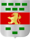 The coat of arms mimics the flag. The bands are equal width, the lion rampant is in the middle and number of green rectangles are changed to four and three on top and two and one in the bottom.
