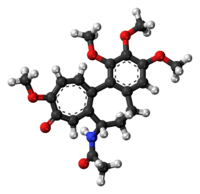 Ball-and-stick model of the colchicine molecule