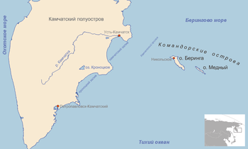 Map showing the position of the Commander Islands to the east of Kamchatka. The larger island to the west is Bering Island; the smaller island is Medny.